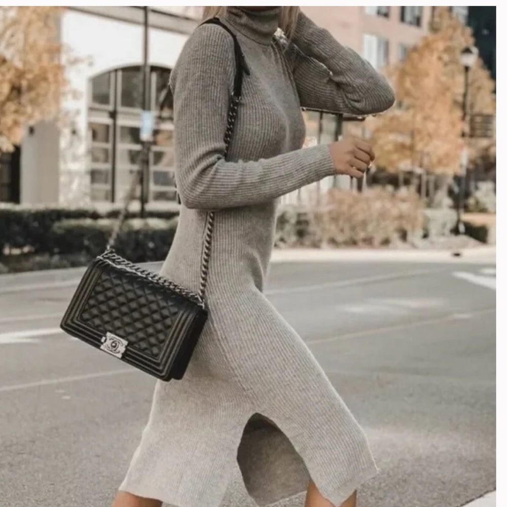 NWT Lulus Sheerah Ribbed Midi Length Sweater Dress Long Sleeve Fitted Gray small